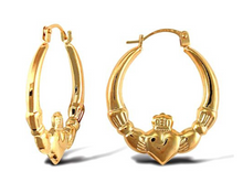 Load image into Gallery viewer, 9ct Yellow Gold Claddagh Creole Hoop Earrings Solid 9K Gold Earrings