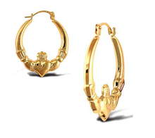 Load image into Gallery viewer, 9ct Yellow Gold Claddagh Creole Hoop Earrings Solid 9K Gold Earrings