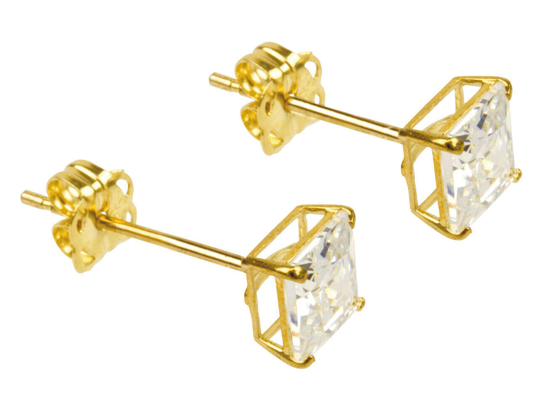 9ct Gold Square CZ Earrings Stud Earrings 9ct Yellow Gold Square Princess Studs