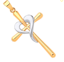 Load image into Gallery viewer, 9ct Gold Modern Cross Heart Pendant Religious Yellow White &amp; Gold Cross Pendant
