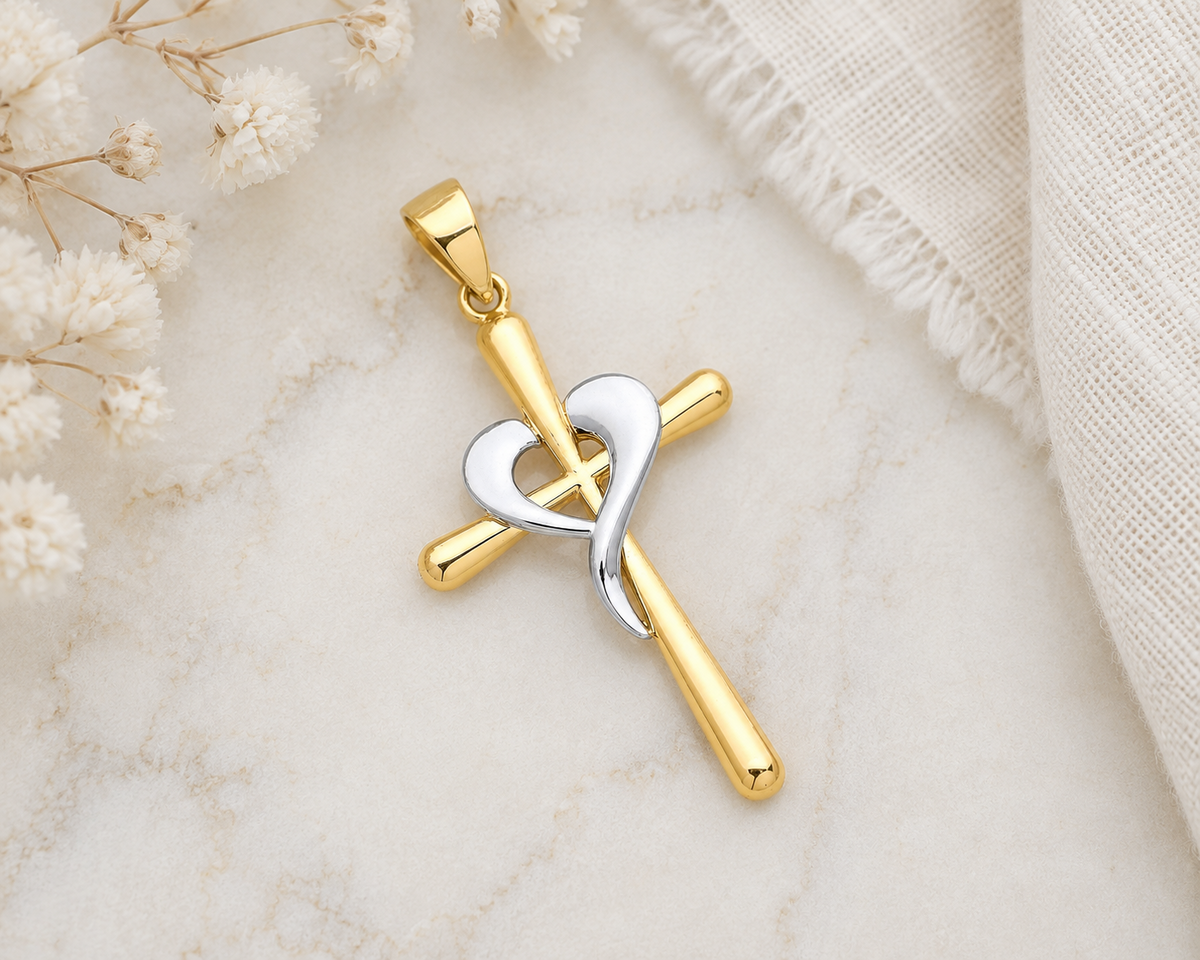 9ct Yellow White Gold Cross Heart Pendant Religious 35.4mm 1.3g