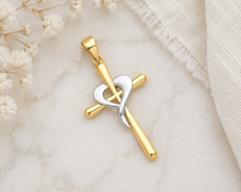 Load image into Gallery viewer, 9ct Yellow White Gold Cross Heart Pendant Religious 35.4mm 1.3g
