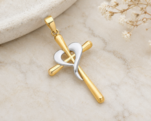 Load image into Gallery viewer, 9ct Gold Modern Cross Heart Pendant Religious Yellow White &amp; Gold Cross Pendant
