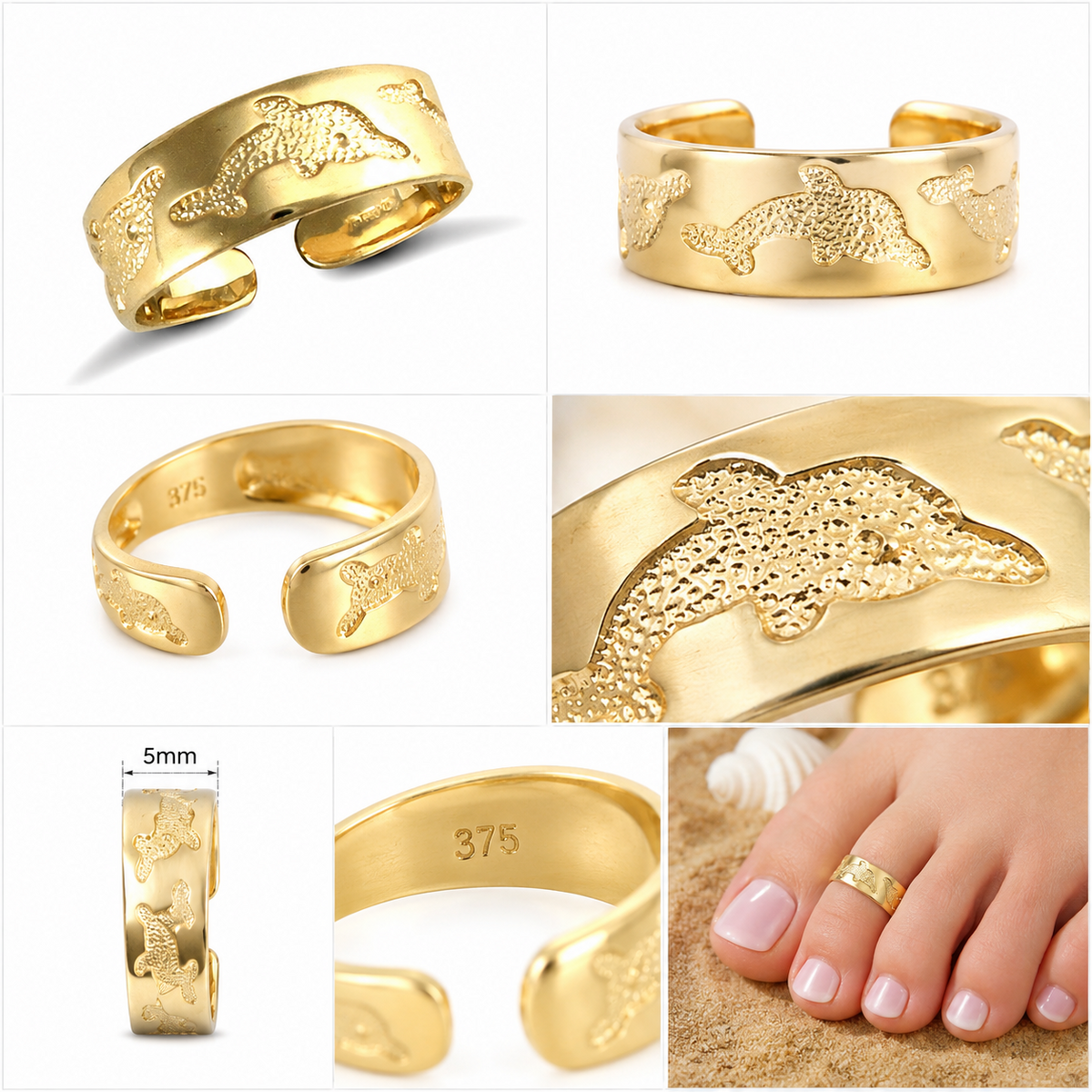 9ct Yellow Gold Dolphin Toe Ring 5mm Open Band Solid Gold 9ct Solid Gold Toe