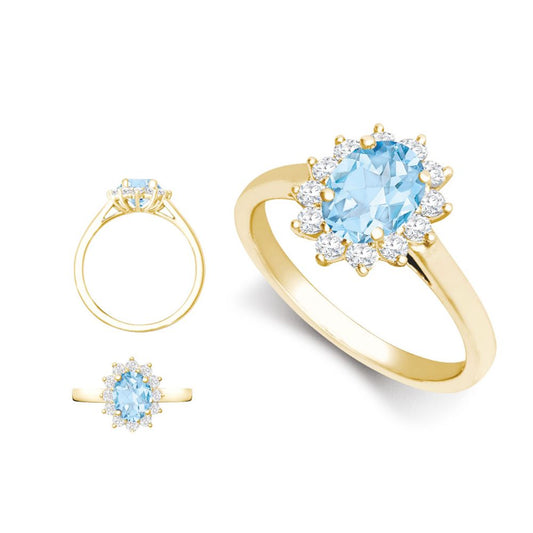 18ct Yellow Gold 0.35ct Natural Diamond Claw-set Cluster Halo Oval Ring - Holds 7x5mm Aquamarine 0.75cts
