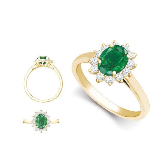 18ct Yellow Gold 0.96ct Natural Diamond Claw-set Cluster Halo Oval Ring - Holds 9x7mm Emerald 2.00cts