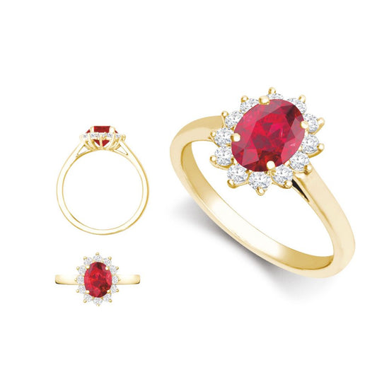 18ct Yellow Gold 0.62ct Natural Diamond Claw-set Cluster Halo Oval Ring - Holds 8x6mm Ruby 1.25cts