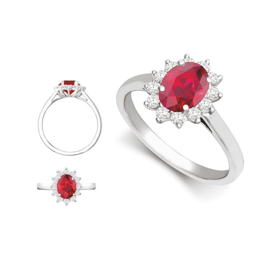 18ct White Gold 0.35ct Natural Diamond Claw-set Cluster Halo Oval Ring - Holds 7x5mm Ruby 0.75cts