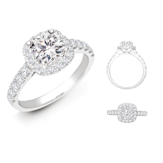 Lab 18ct White Gold 0.55ct Diamond Micro-set Cushion-shaped Halo and Shoulders Wed-fit Ring Mount + 0.70ct Diamond