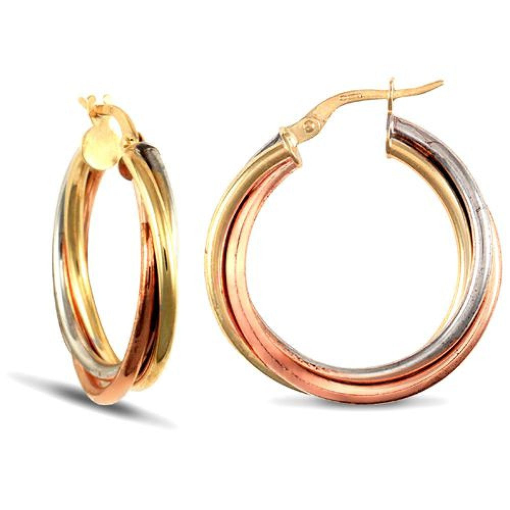 9ct Gold Creole Hoop Earrings Tri-Colour Russian Wedding Ring Earrings 25mm
