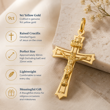 Load image into Gallery viewer, 9ct Yellow Gold Crucifix Pendant Jesus Cross Religious 40mm
