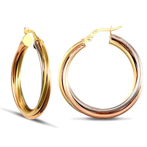 yellow and white and rose 9ct gold Russian wedding ring design twisted creole Hoop Earrings