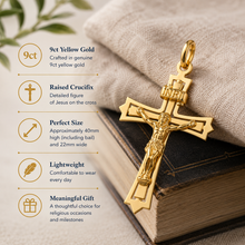 Load image into Gallery viewer, 9ct Yellow Gold Crucifix Pendant Jesus Cross Religious 40mm
