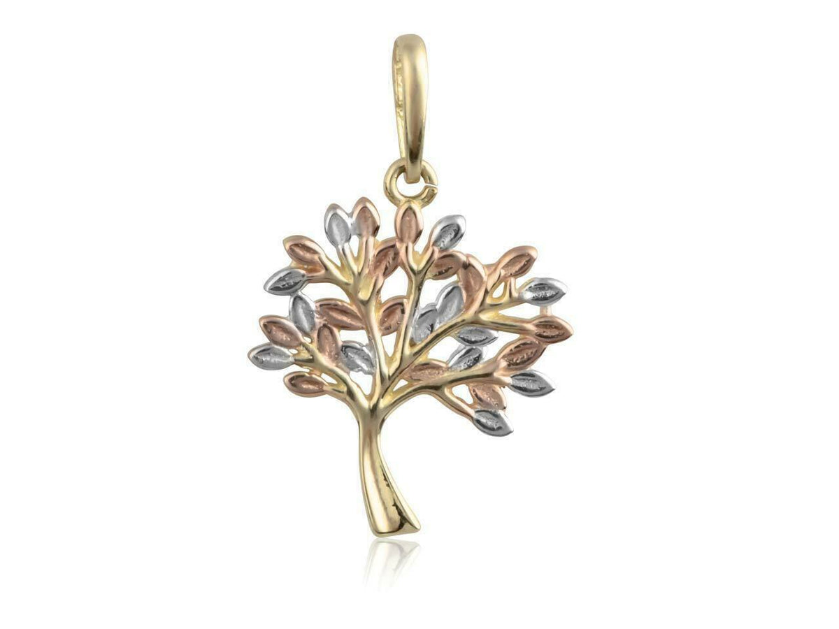 9ct Yellow Gold Tree Of Life Pendant Tri-Colour Tree Rose Yellow White Gold